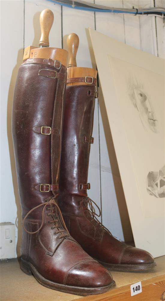 Pair leather riding boots and trees